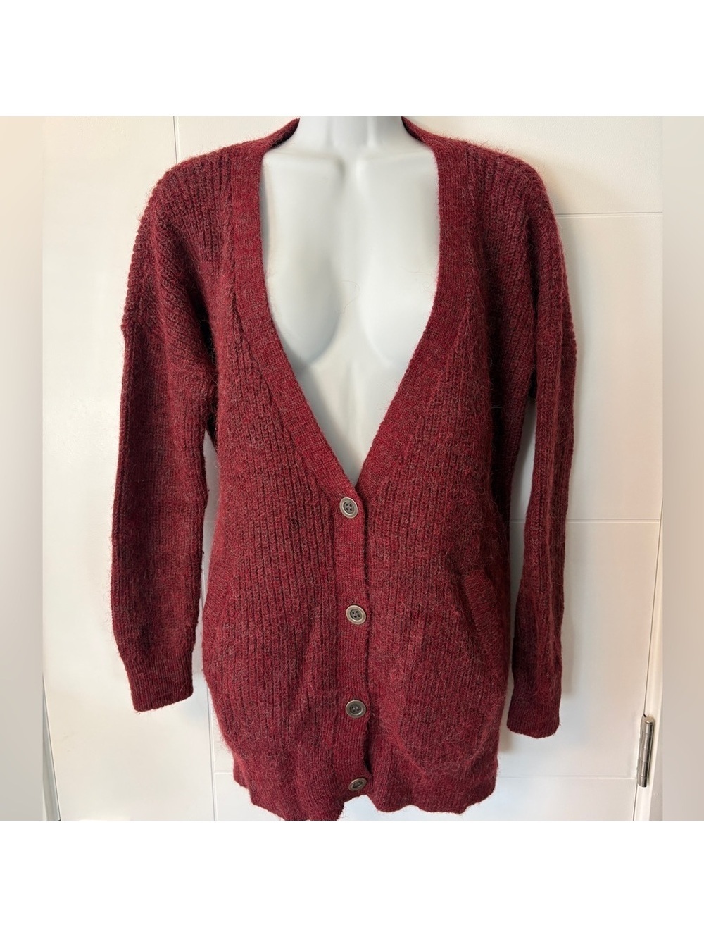 Free People Cloudy Day Burgundy Oversized Cozy Cardigan Sweater Alpaca Blend XS